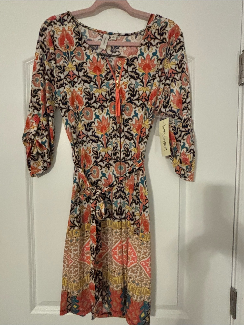 Tacera Coral, Teal & Yellow Patterned Tie-Waist Midi Dress